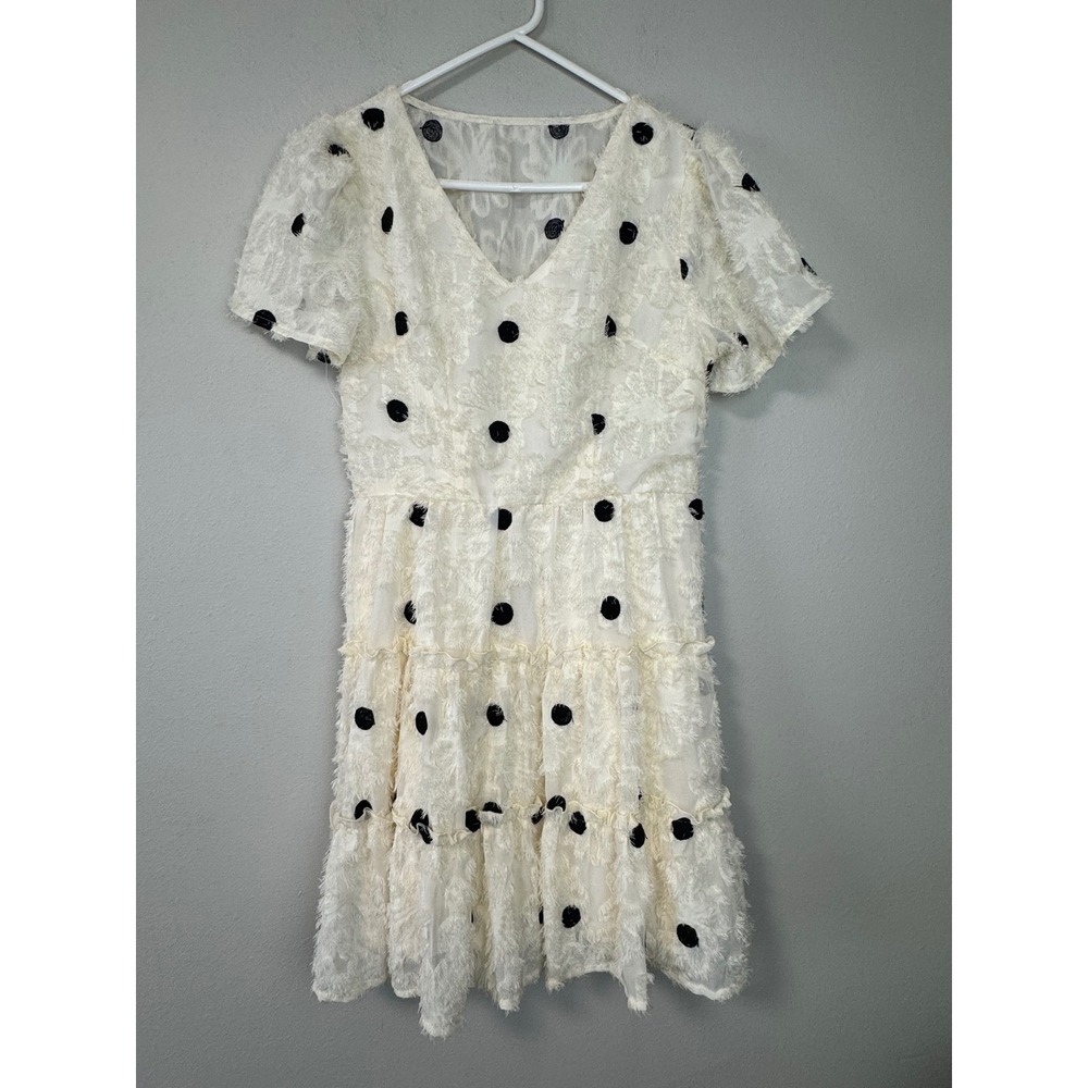 NWT Polka Dot Eyelash Fringe Cream Tiered Dress V-Neck Puff Sleeve Cream Med 6 8 - Picture 2 of 16